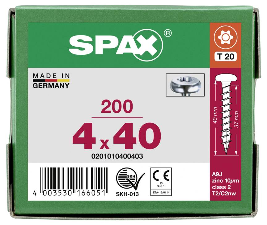 SPAX 0201010400403 Halbrundschrauben 4mm 40mm T-STAR plus Stahl 200St.