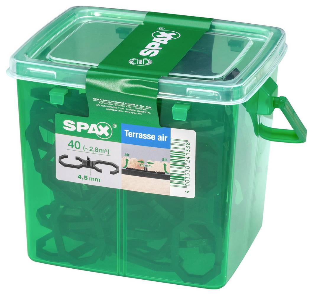 Grüne SPAX 'Terrasse air' Lagerkiste mit durchsichtigem Deckel und Etikett mit 40 Stück, 2,8 m² Abdeckung, 4,5 mm Größe.