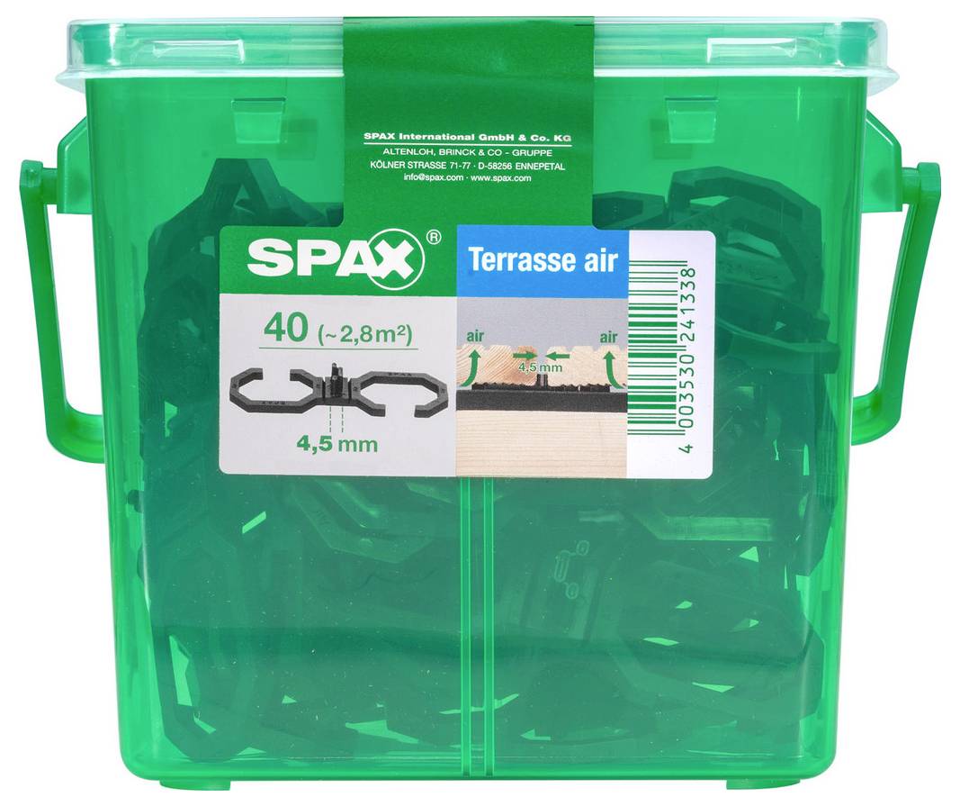 Grüner Kunststoff-Lagerbehälter mit der Bezeichnung „SPAX Terrasses air