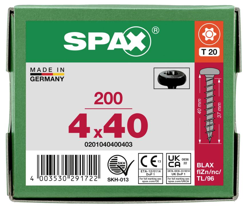 SPAX 0201040400403 Halbrundschrauben 4mm 40mm T-STAR plus Stahl 200St.