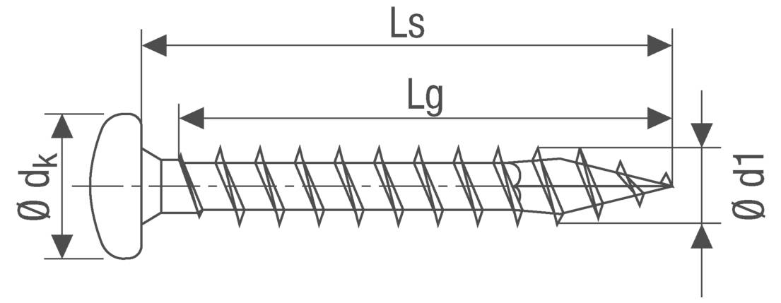 Diagramm einer Schraube mit Hauptabmessungen: dk Kopfdurchmesser, d1 Schaftdurchmesser, Ls Gesamtlänge und Lg Gewindelänge.