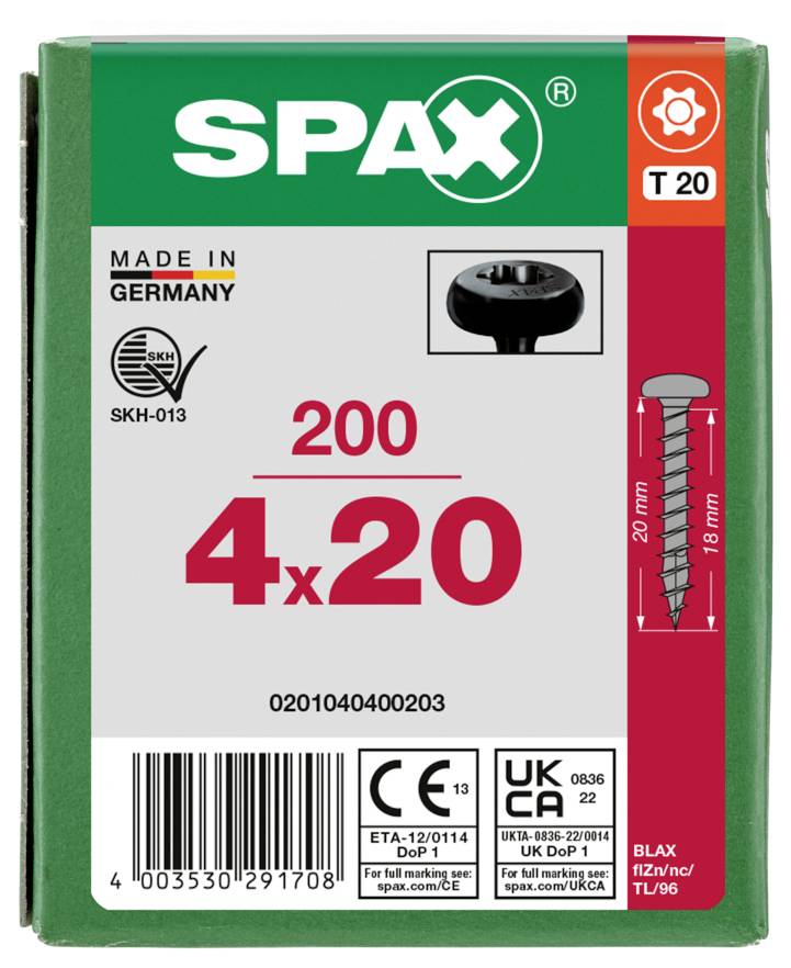 SPAX 0201040400203 Halbrundschrauben 4mm 20mm T-STAR plus Stahl 200St.