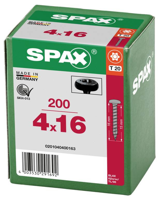 SPAX 0201040400163 Halbrundschrauben 4mm 16mm T-STAR plus Stahl 200St.