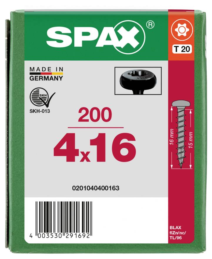 SPAX 0201040400163 Halbrundschrauben 4mm 16mm T-STAR plus Stahl 200St.