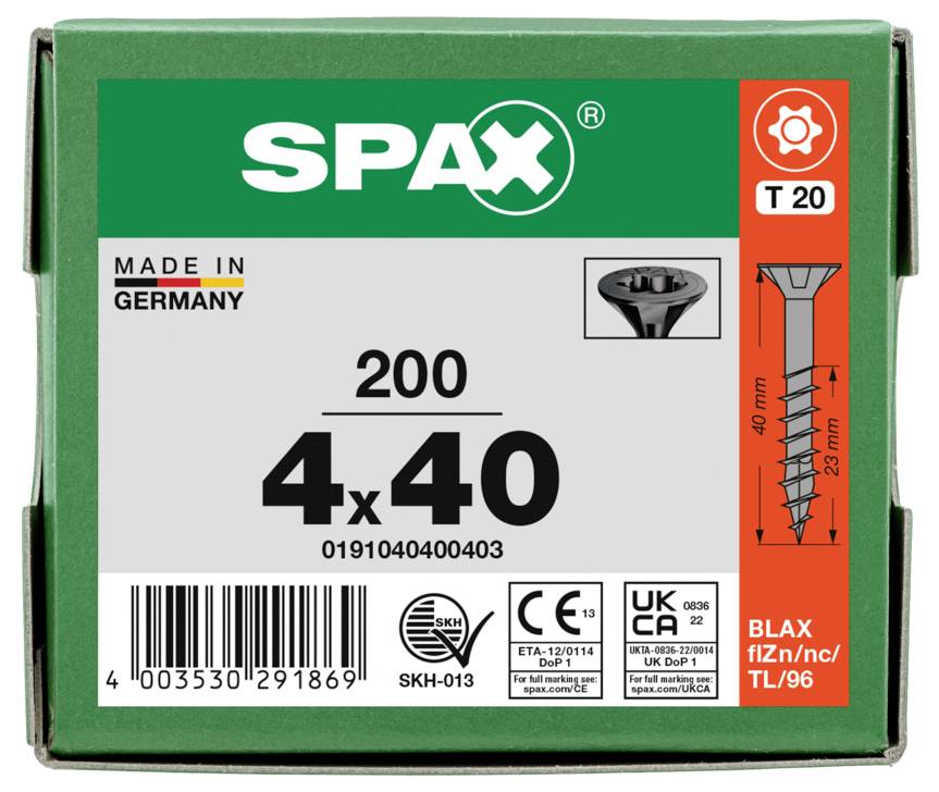 SPAX 0191040400403 Senkkopfschraube 4mm 40mm T-STAR plus Stahl 200St.