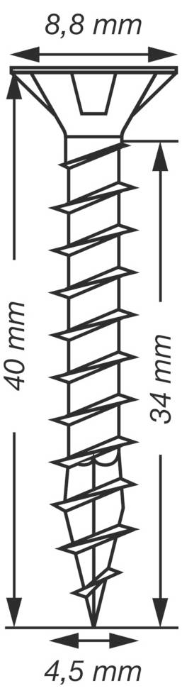 Technische Zeichnung einer Schraube mit Abmessungen: 8,8 mm Breite, 40 mm Gesamtlänge, 34 mm Gewindelänge und 4,5 mm Spitzenbreite.