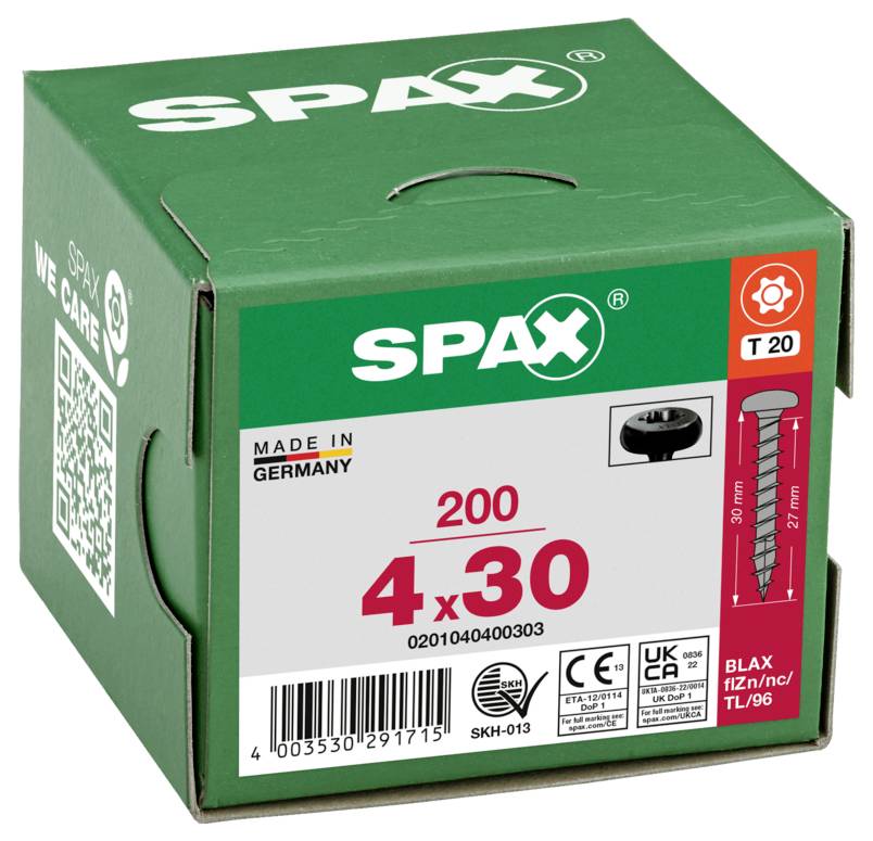 SPAX 0201040400303 Halbrundschrauben 4mm 30mm T-STAR plus Stahl 200St.