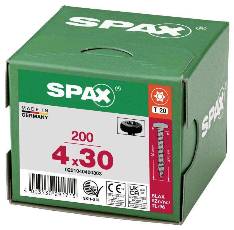 SPAX 0201040400303 Halbrundschrauben 4mm 30mm T-STAR plus Stahl 200St.