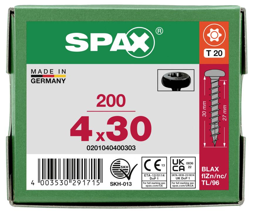 SPAX 0201040400303 Halbrundschrauben 4mm 30mm T-STAR plus Stahl 200St.