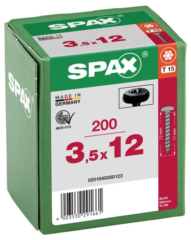 SPAX 0201040350123 Halbrundschrauben 3.5mm 12mm T-STAR plus Stahl 200St.