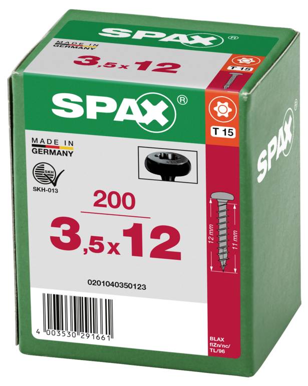 SPAX 0201040350123 Halbrundschrauben 3.5mm 12mm T-STAR plus Stahl 200St.
