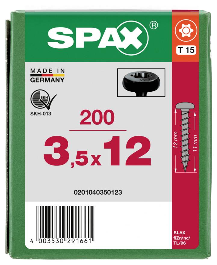 SPAX 0201040350123 Halbrundschrauben 3.5mm 12mm T-STAR plus Stahl 200St.