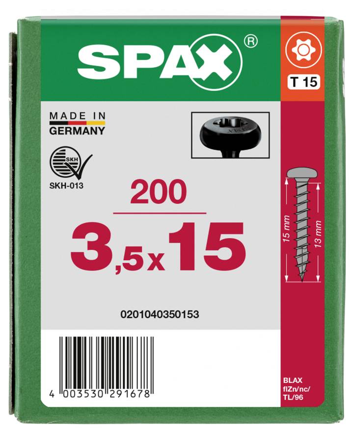 SPAX 0201040350153 Halbrundschrauben 3.5mm 15mm T-STAR plus Stahl 200St.