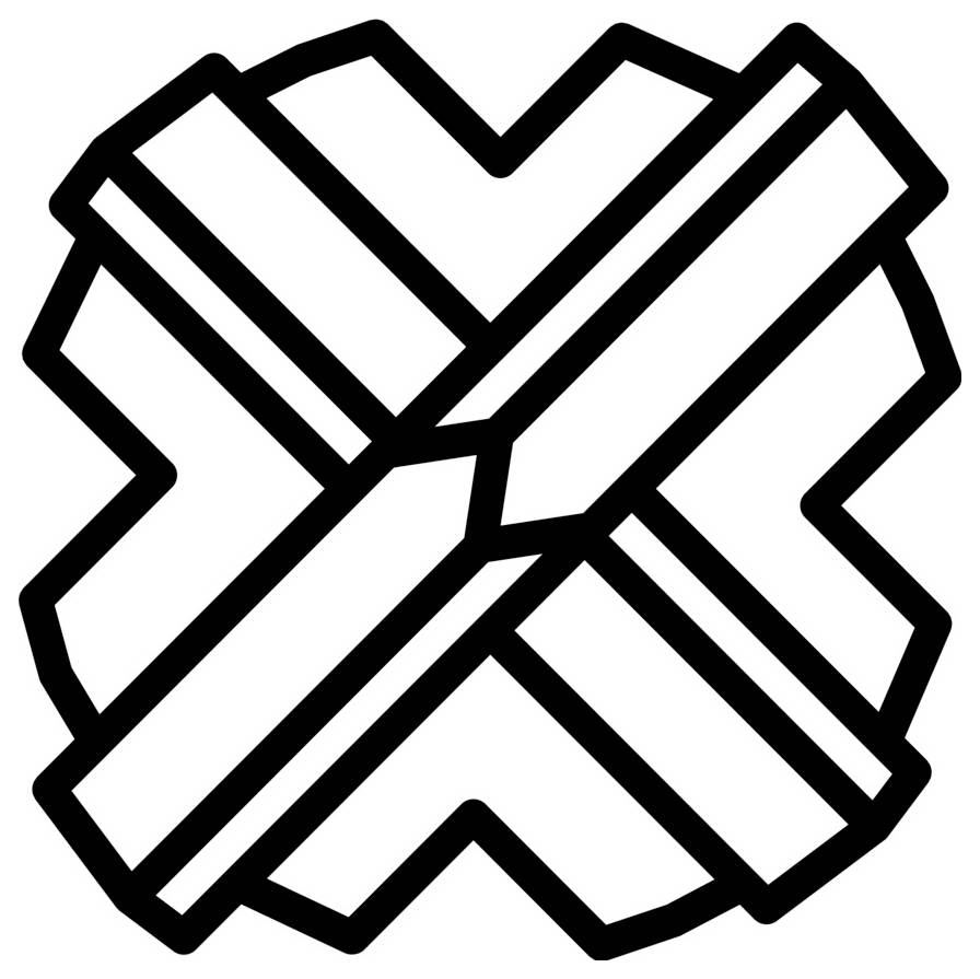 Schwarzes geometrisches Knoten- oder geflochtenes X-förmiges Logo-Symbol auf weißem Hintergrund.