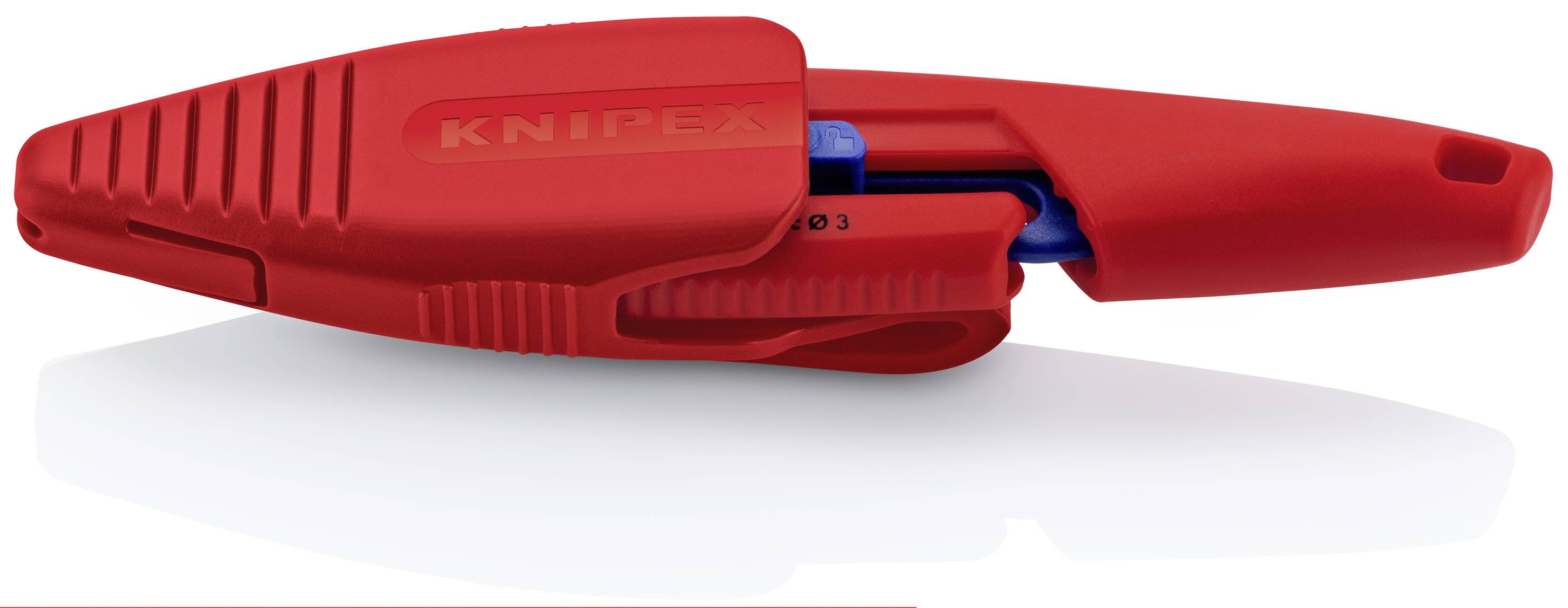 Red Knipex cable cutter with blue safety release, shown closed on a white background.