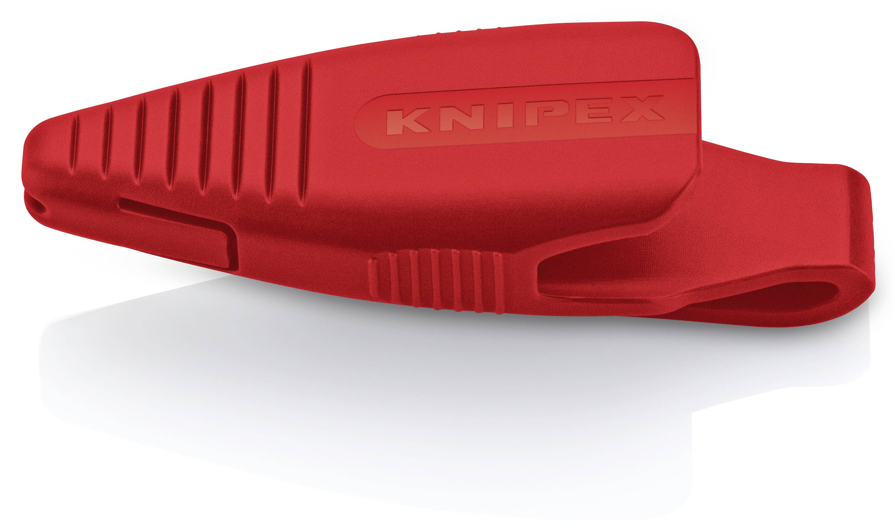 Rote KNIPEX Kunststoffschutzkappe für einen Werkzeuggriff, dargestellt in Seitenansicht auf weißem Hintergrund.