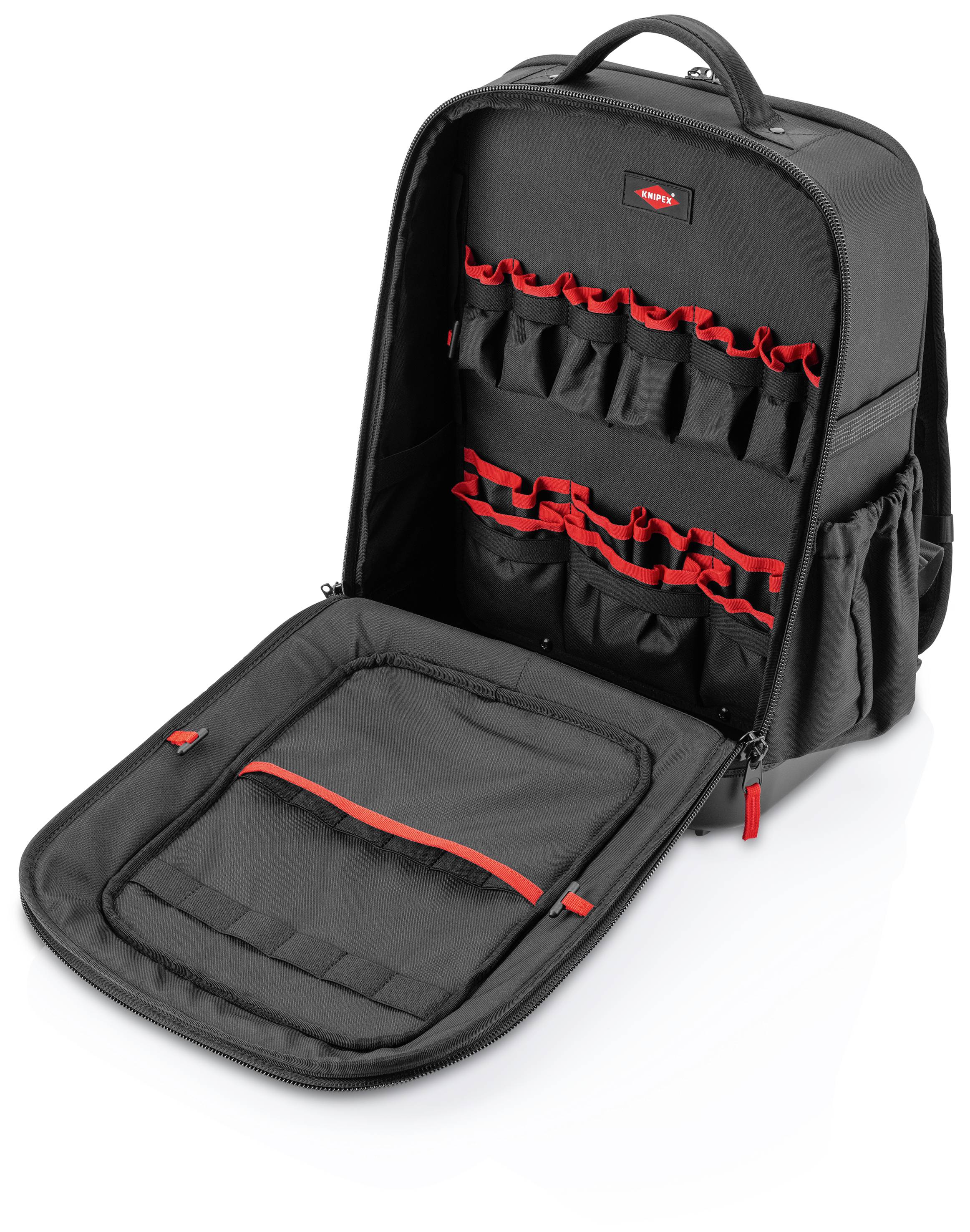 Schwarzer Rucksack mit rotem Rand, ungeöffnet dargestellt, um die organisierten Innentaschen und elastischen Werkzeugschleifen zu zeigen.