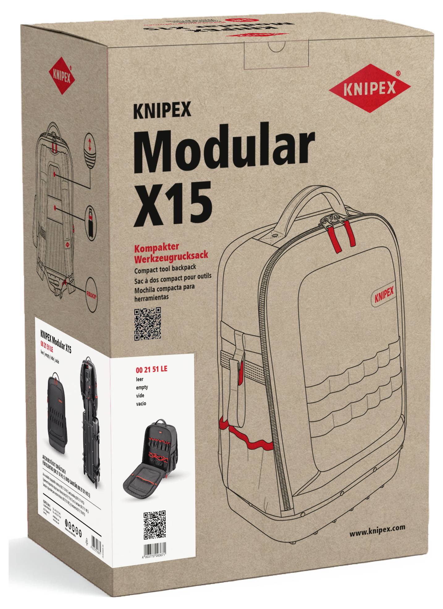 KNIPEX Modular X15 kompakte Werkzeugrucksack-Box Verpackung, auf der der Produktname und ein illustrierter Rucksack auf einem braunen Karton zu sehen sind.