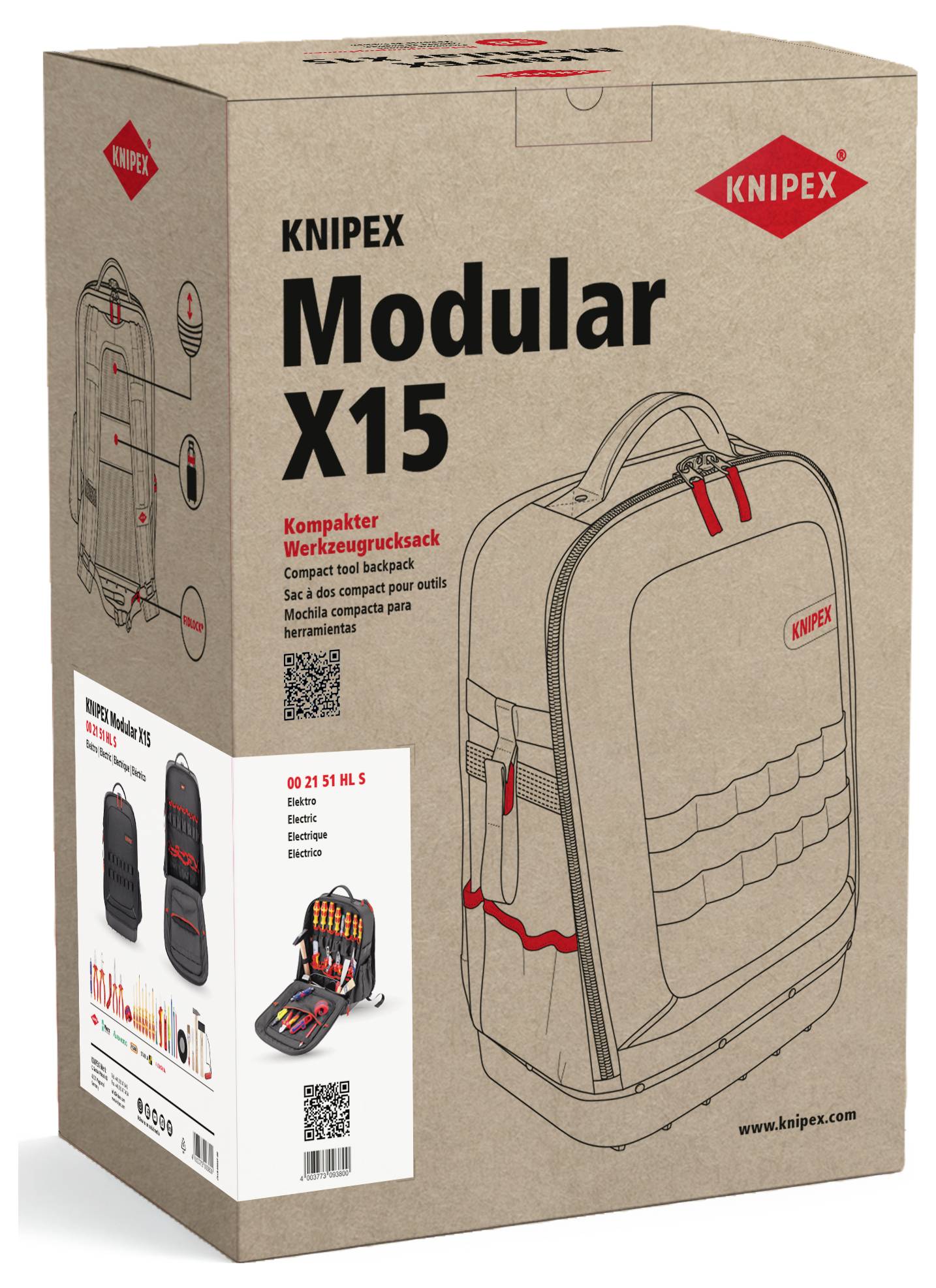 KNIPEX Modulare X15 kompakte Werkzeug-Rucksack-Box-Verpackung, zeigt den Rucksack und den Produktnamen auf einer braunen Kartonbox.