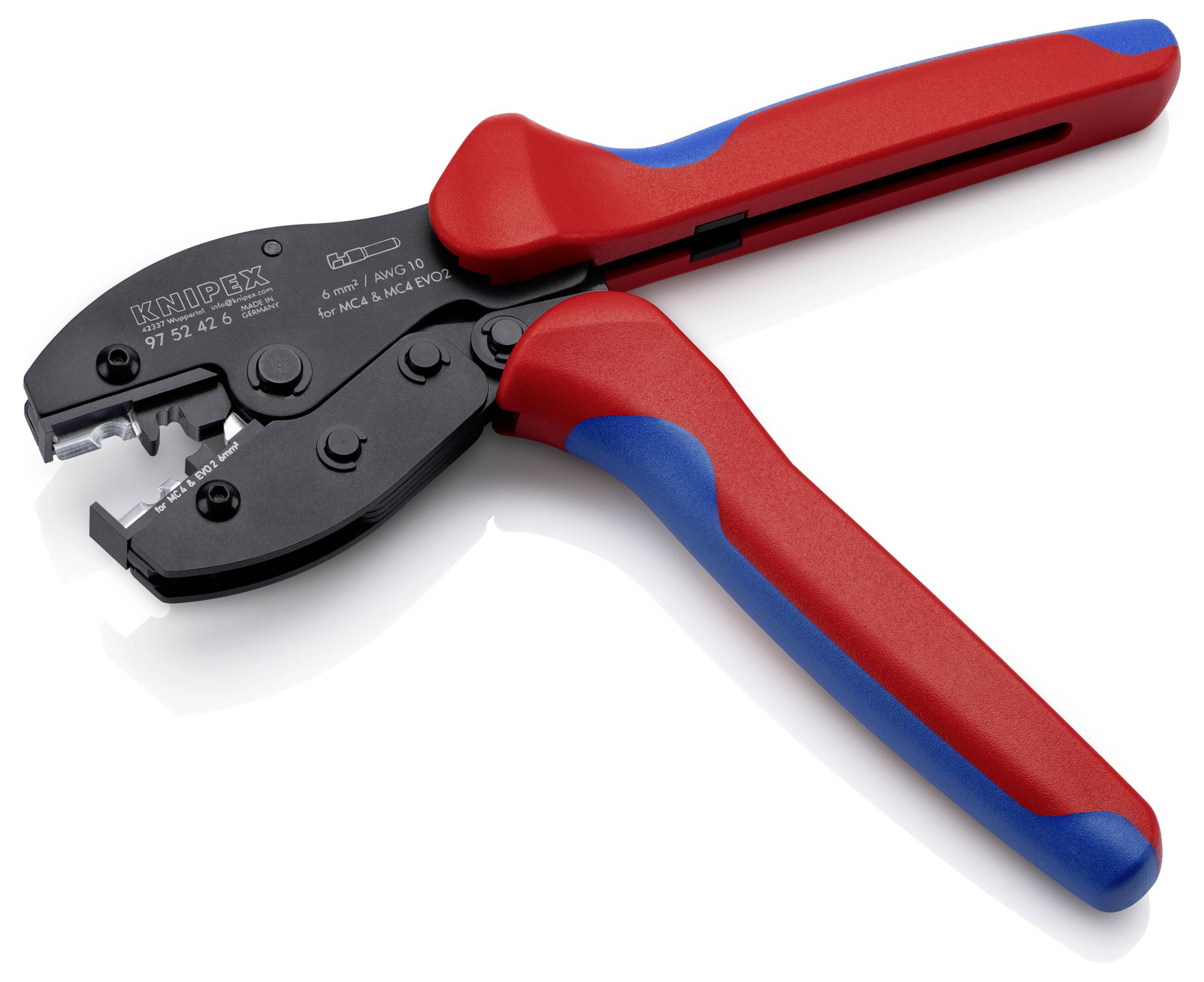 Rot und blaue Knipex-Crimpzangen mit schwarzen Backen, gezeigt auf weißem Hintergrund.