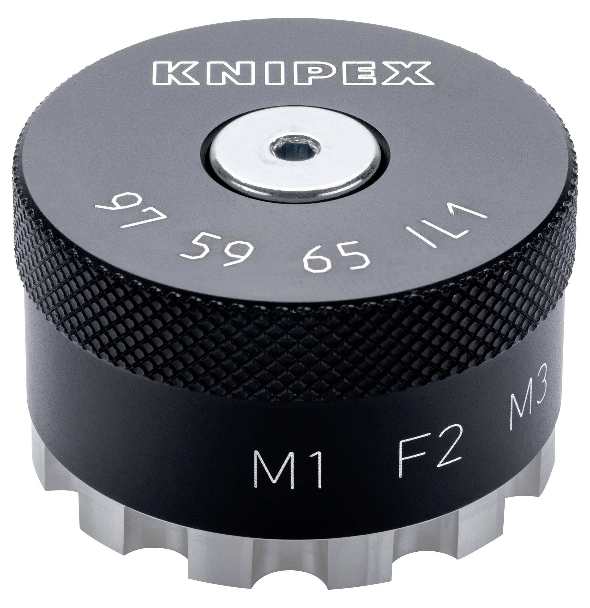 KNIPEX rundes schwarzes Metallmesswerkzeug oder Gesenk markiert '97 59 65 1 1' mit Beschriftungen 'M1', 'F2' und 'M3'.