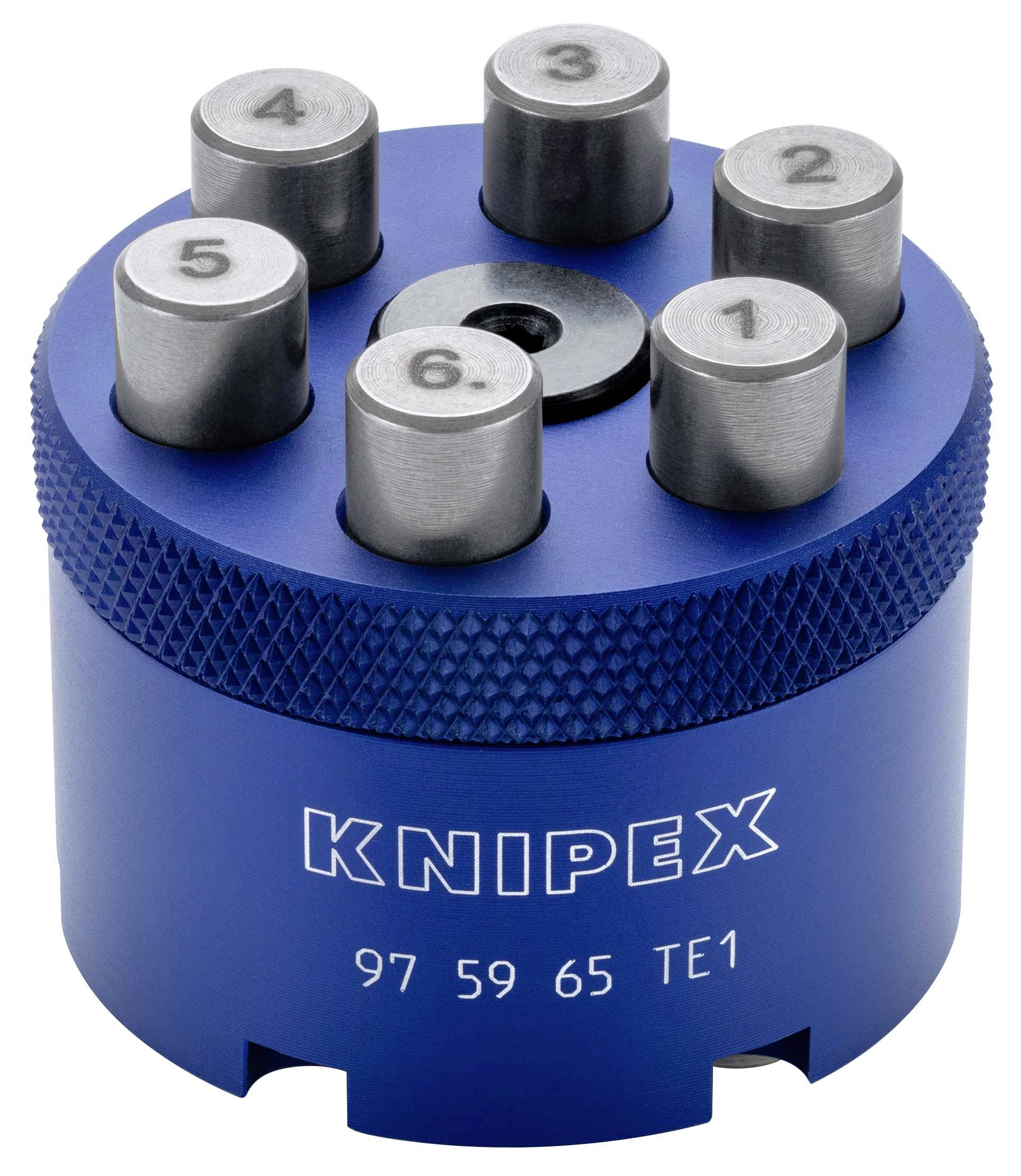 Blaue KNIPEX-Werkzeugkassette mit sechs nummerierten Metallmatrizen und '97 59 65 TE1' auf der Vorderseite gedruckt.