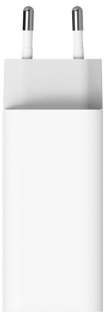 Weißes Wandladegerät mit zwei runden Stiften in Frontansicht vor neutralem Hintergrund