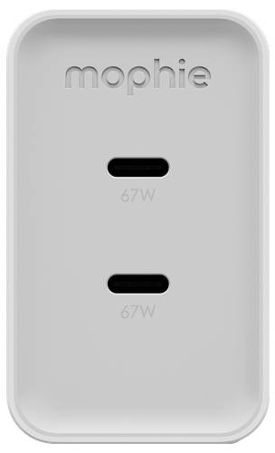Weißer Mophie Dual-Port 67W Wandladegerät mit zwei USB-C-Anschlüssen auf neutralem Hintergrund