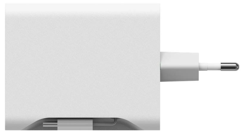 Weiße Wandladegerät mit einem Europlug-ähnlichen zweipoligen Stromstecker auf der rechten Seite.