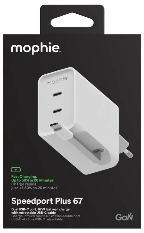 Mophie Speedport Plus 67 Wandladegerät-Paket mit weißem Dual-USB-C, 67W-Schnellladegerät mit ausziehbarem USB-C-Kabel und klappbarem Stecker