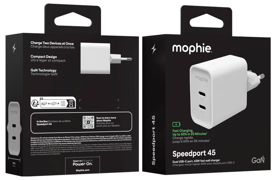 Verpackung für ein mophie Speedport 45 Dual-USB-C GaN-Wandladegerät, vorne und hinten gezeigt, mit Hervorhebung der schnellen Ladefunktion und des kompakten Designs.