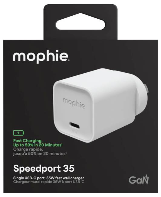 Mophie Speedport 35 Single-USB-C-GaN-Wandladegerät mit der Aufschrift „Schnellladung, bis zu 50% in 20 Minuten