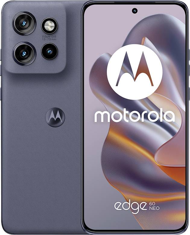Motorola Edge 60 Neo Smartphone von vorne und hinten gezeigt, mit dreifacher Rückkamera und dem Motorola-Logo auf dem Display.