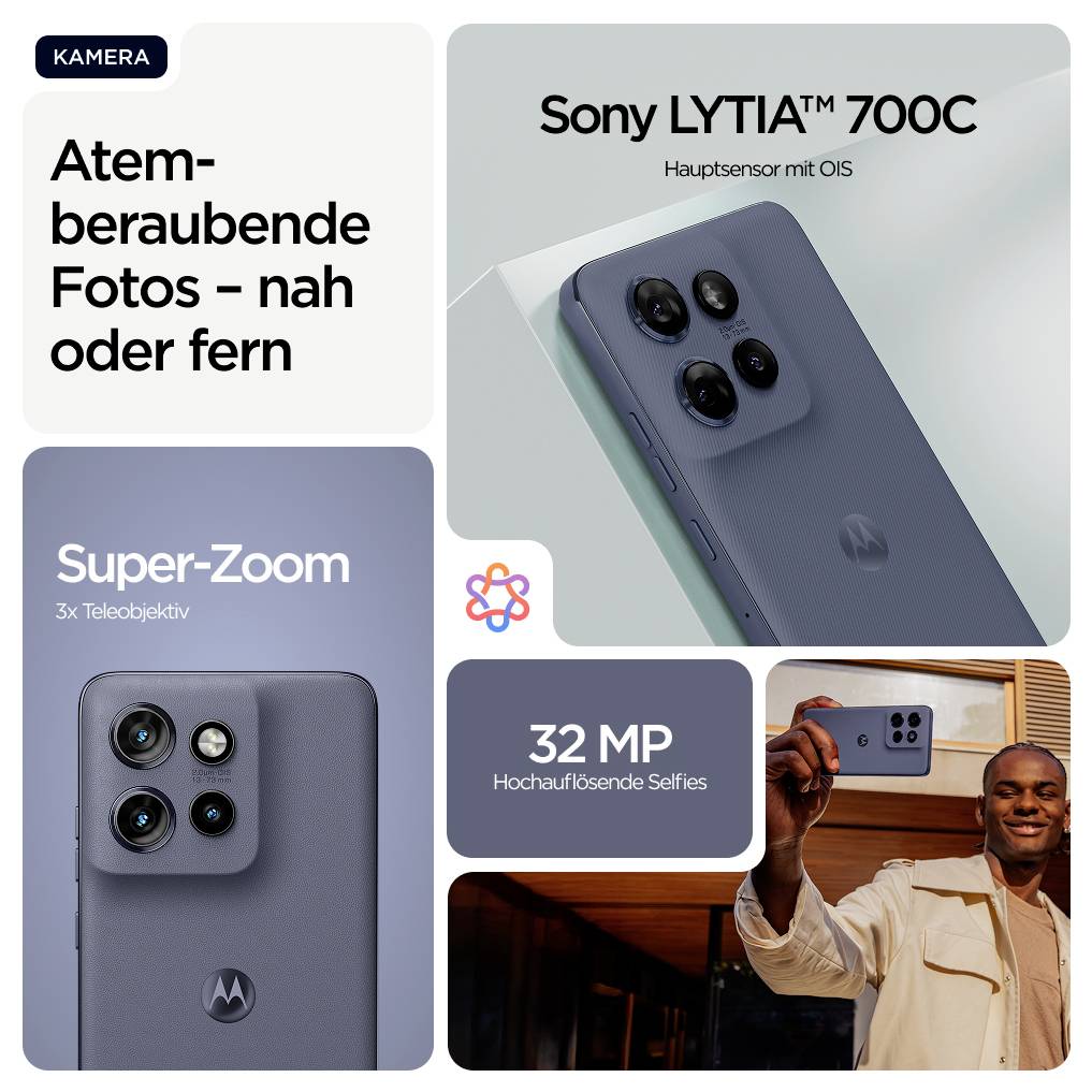 Infografik-Anzeige für ein Motorola-Kamerahandy: 'Atemberaubende Fotos – nah oder fern', 'Sony LYTIA 700C', 'Super-Zoom 3x Teleobjektiv', und '32 MP Hochauflösende Selfies' mit Telefon- und Selfie-Bildern.