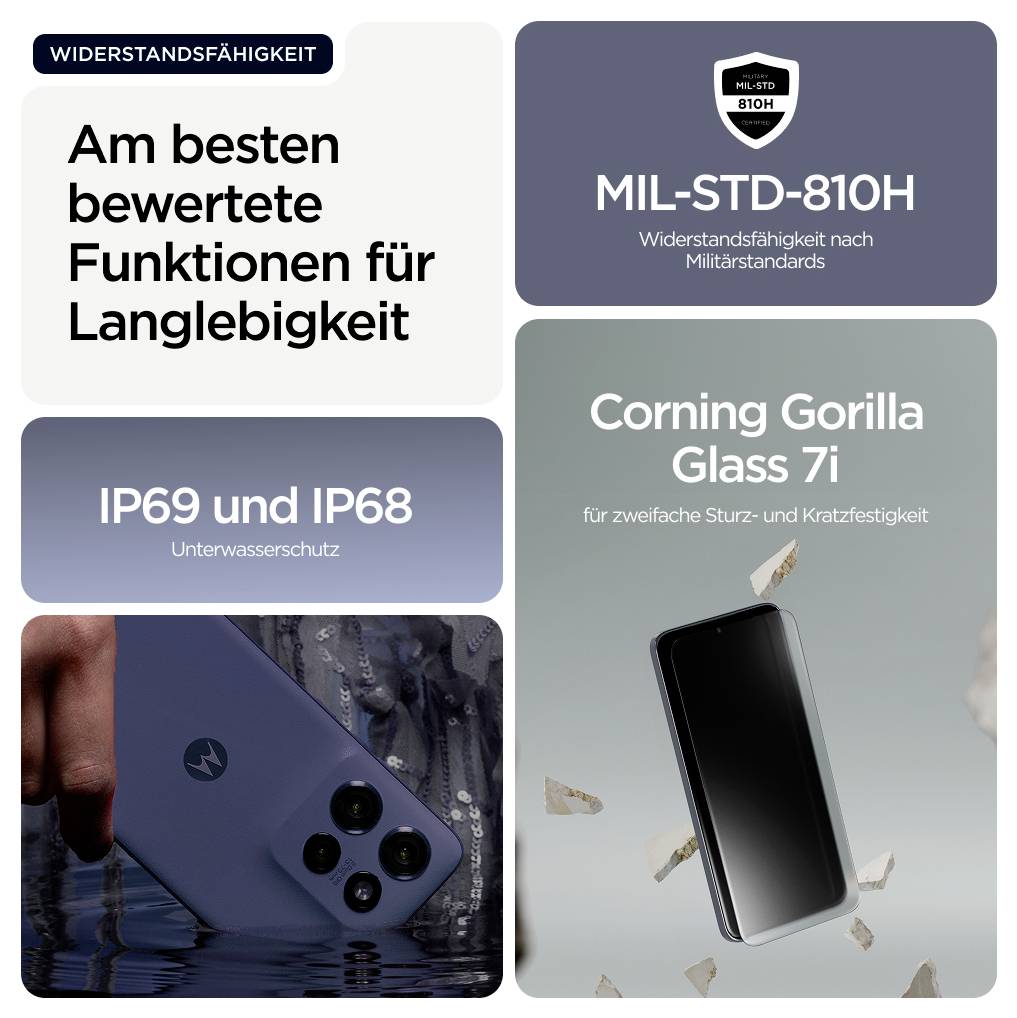# Werbegrafik auf Deutsch mit Haltbarkeitsfunktionen<br><br>**Am besten bewertete Funktionen für Langlebigkeit**<br><br>- MIL-STD-810H<br>- IP69 und IP68<br>- Corning Gorilla Glass 7i<br><br>*[Abbildung: Ein Telefon, das Wasser- und Stoßbelastung widersteht]*