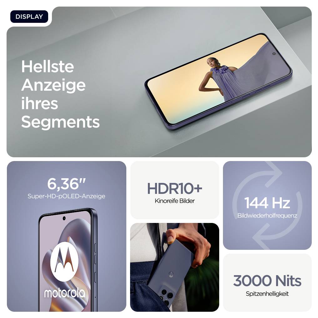 Motorola Display-Funktionen: 6,36-Zoll Super-HD OLED, HDR10+ lebendige Bilder, 144 Hz Bildwiederholfrequenz und 3000 Nits Spitzenhelligkeit.