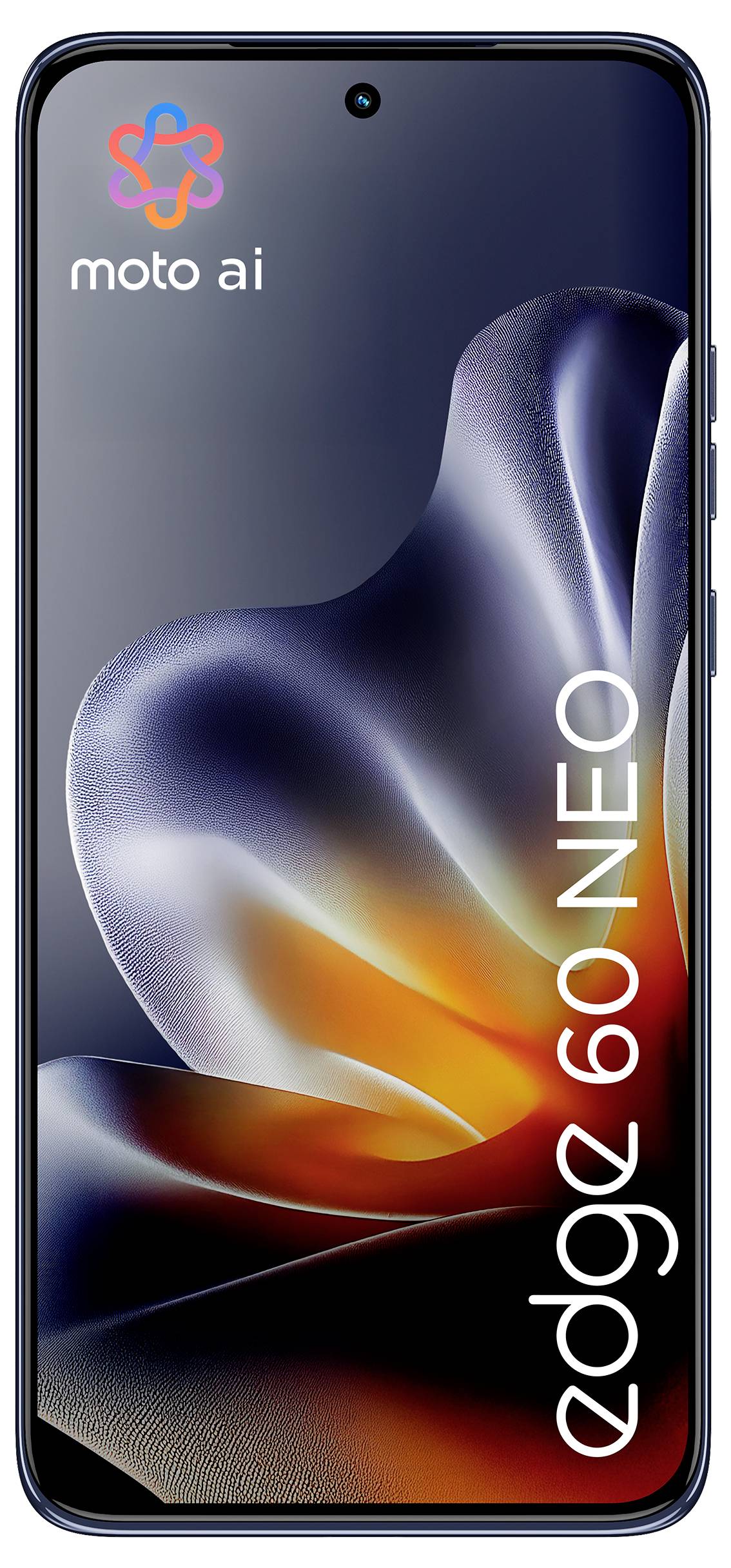 Motorola moto ai Smartphone-Display, das den Edge 60 Neo Modellnamen auf einem dunklen abstrakten Hintergrund anzeigt.