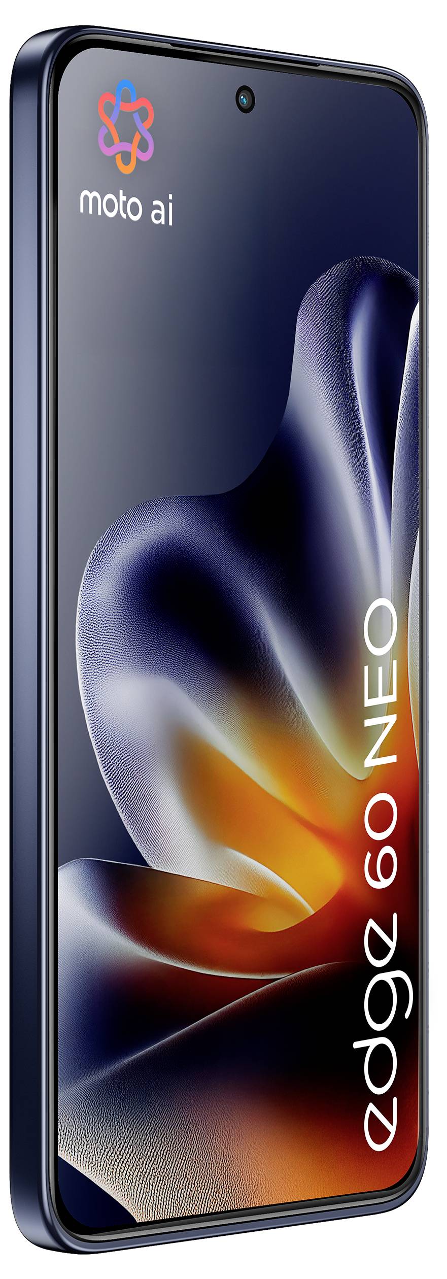 Motorola Edge 60 Neo Smartphone frontal dargestellt mit dunklem abstraktem Hintergrundbild und dem „moto ai