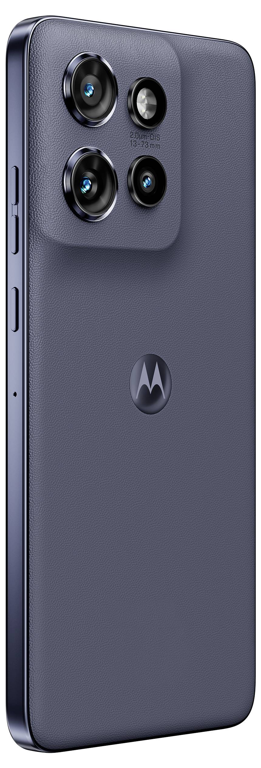 Rückansicht eines Motorola-Smartphones in dunklem Blaugrau mit einem quadratischen Kameramodul mit vier Objektiven, Blitz und zentriertem Motorola-Logo.