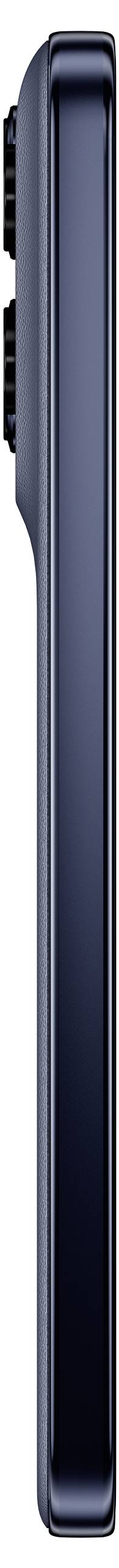 Seitenansicht eines dünnen dunkelblau Smartphones mit schwarzem Bildschirm und abgerundeten Kanten.