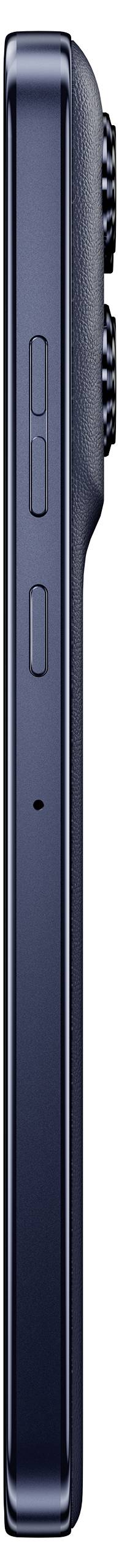 Seitenansicht eines schlanken dunkelblau Smartphones mit Lautstärkereglern, Seitenschalter und einem kleinen Schacht für die SIM-Kartenschublade.