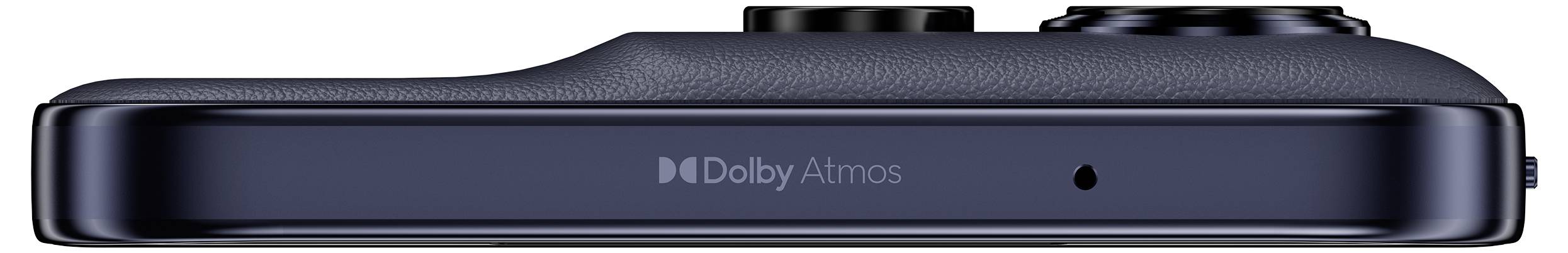 Seitenansicht eines kompakten schwarzen Smartphones, das die obere Kante mit einem zentrierten USB-C-Anschluss, einem Mikrofon-Loch und dezenter Dolby Atmos-Beschriftung zeigt.