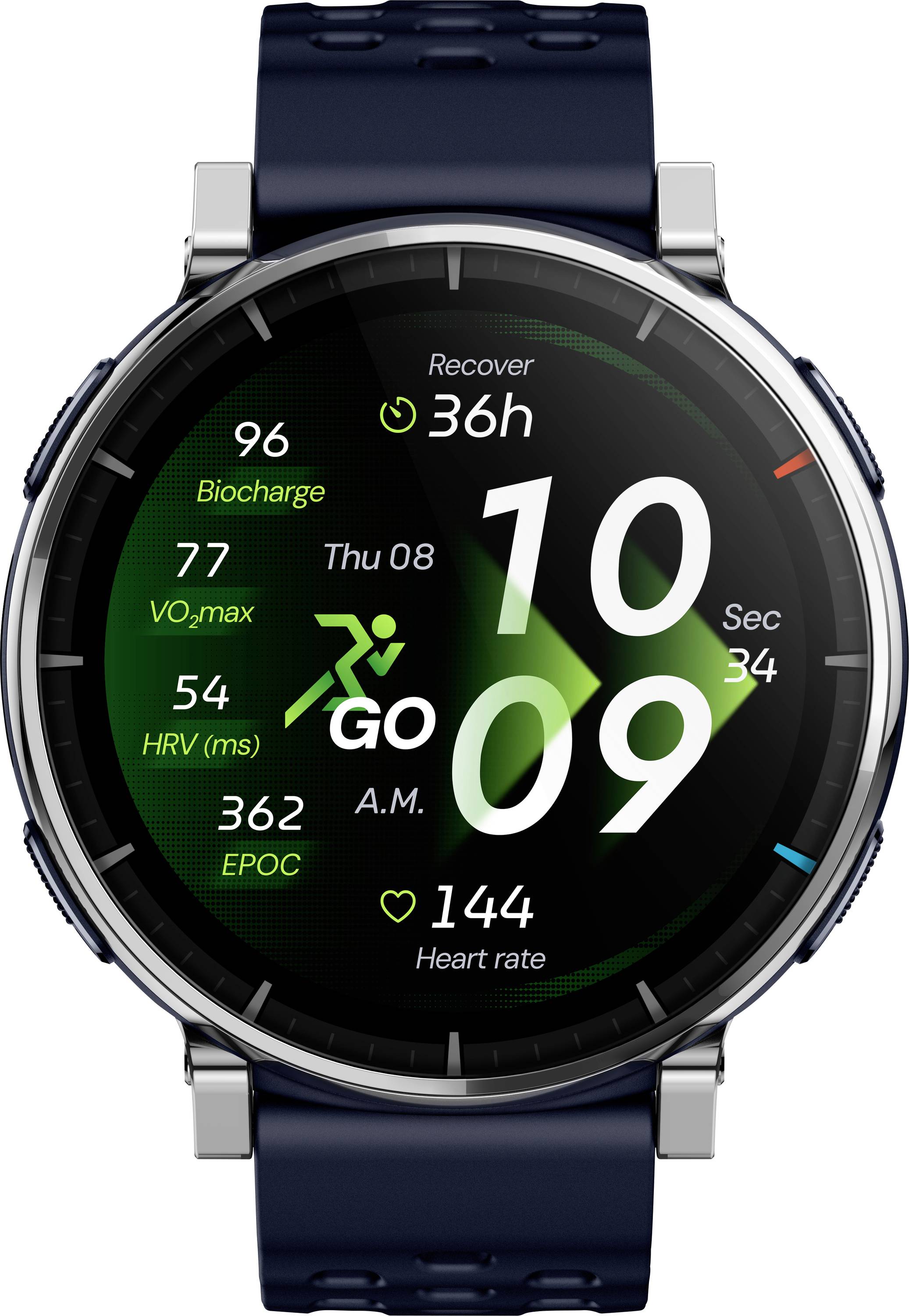 Smartwatch-Zifferblatt zeigt 10:09 Uhr morgens mit Fitness-Metriken: 96 Biocharge, 77 VO2 max, 54 HRV, 362 EPOC, 144 Herzfrequenz und 36h Erholung.