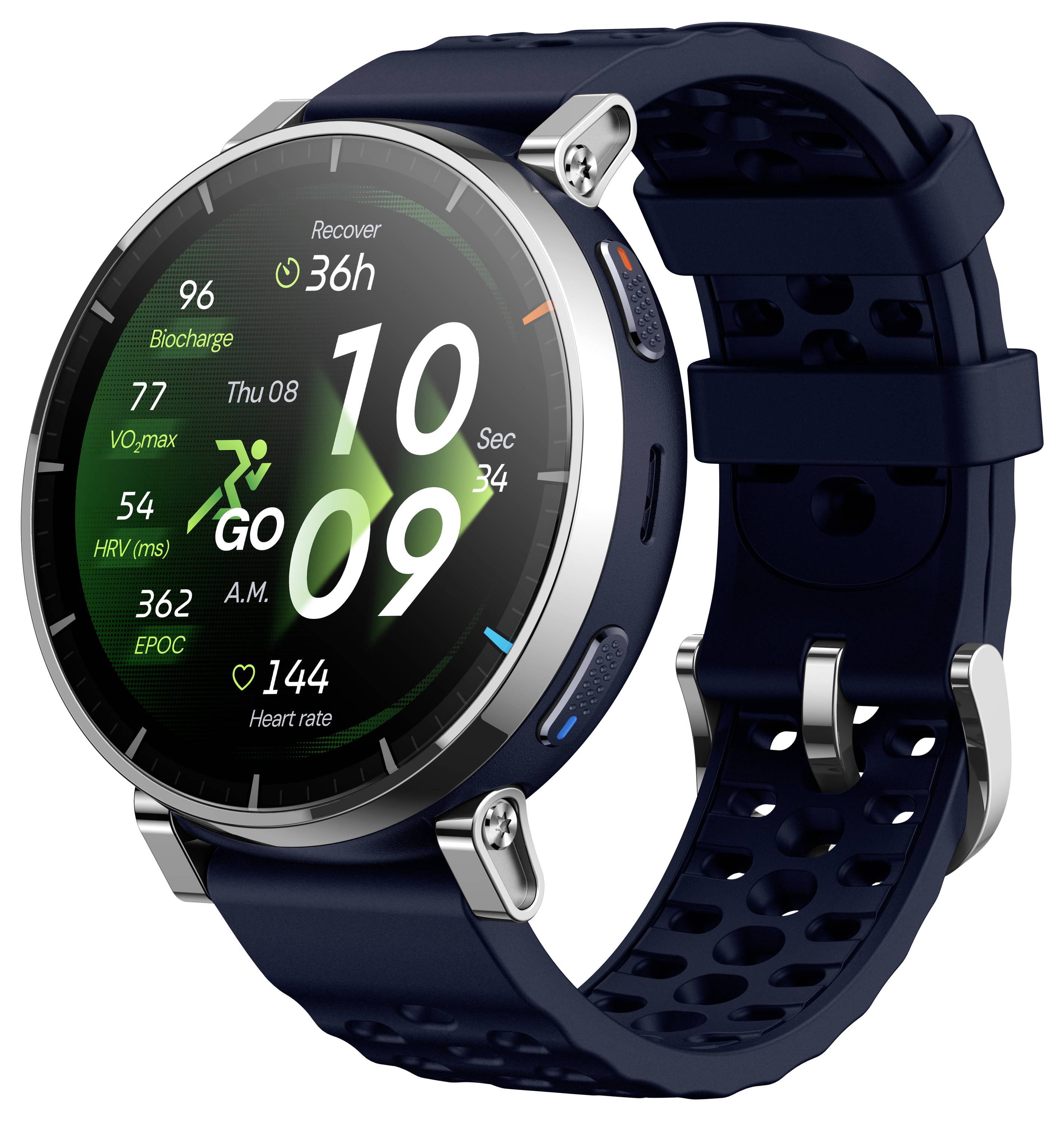 Runde dunkelblau Smartwatch mit digitalem Fitness-Zifferblatt, das 