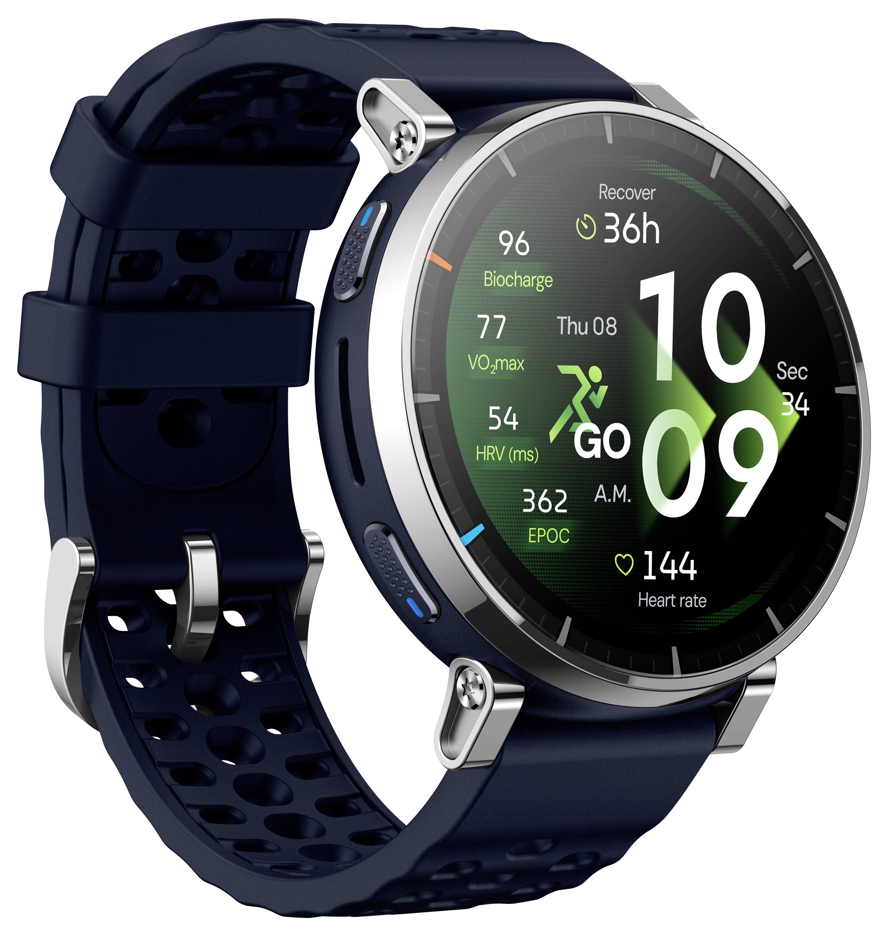 Runde marineblaue Smartwatch mit durchlochtem Armband, das ein digitales Zifferblatt mit Fitness-Metriken wie Herzfrequenz, Erholung, VO2 Max und der Zeit 10:09 Uhr anzeigt.