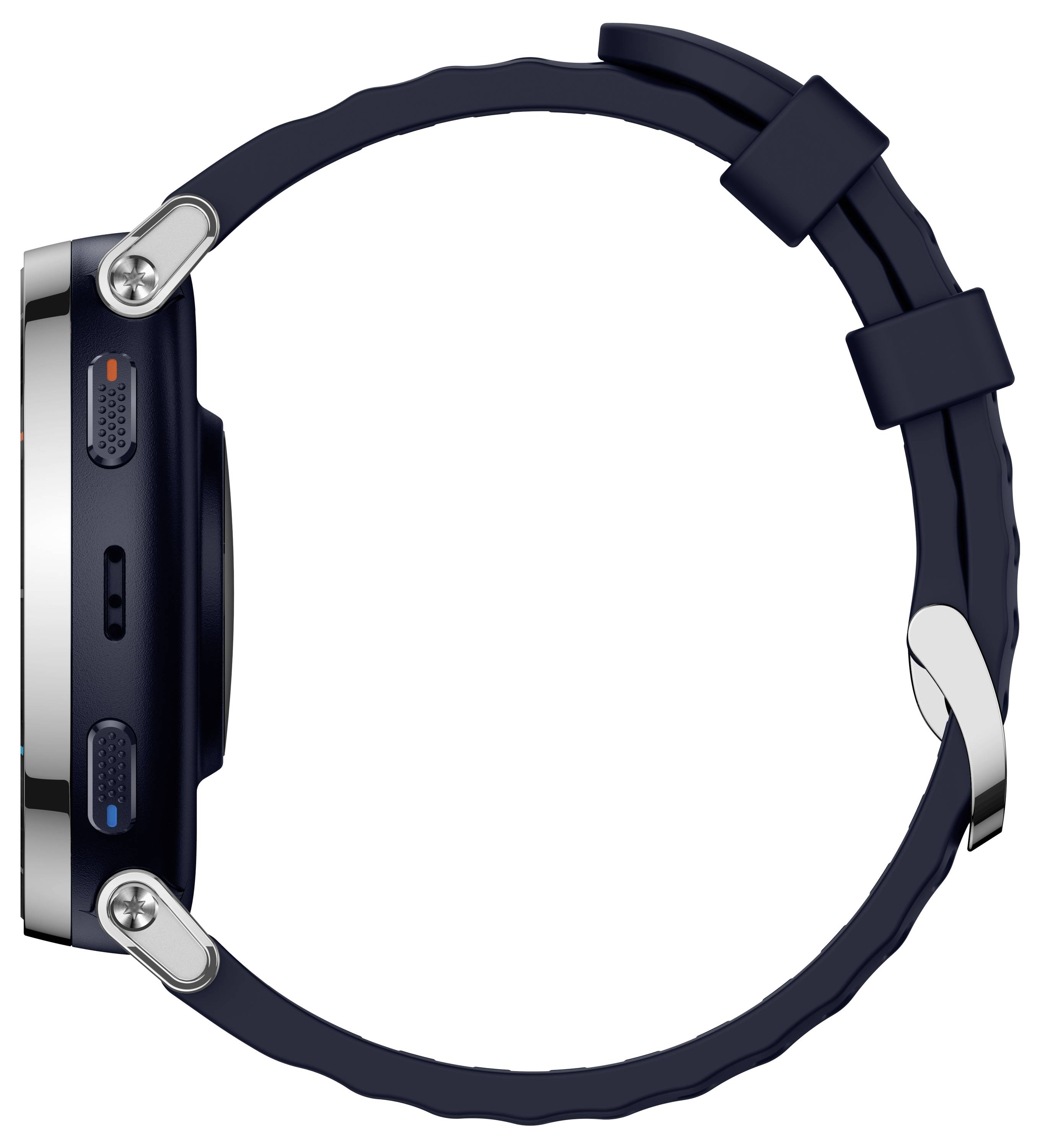 Seitenansicht einer Smartwatch mit dunklem Armband und silbernem Gehäuse, die ihr Profil und das verstellbare Armband zeigt.