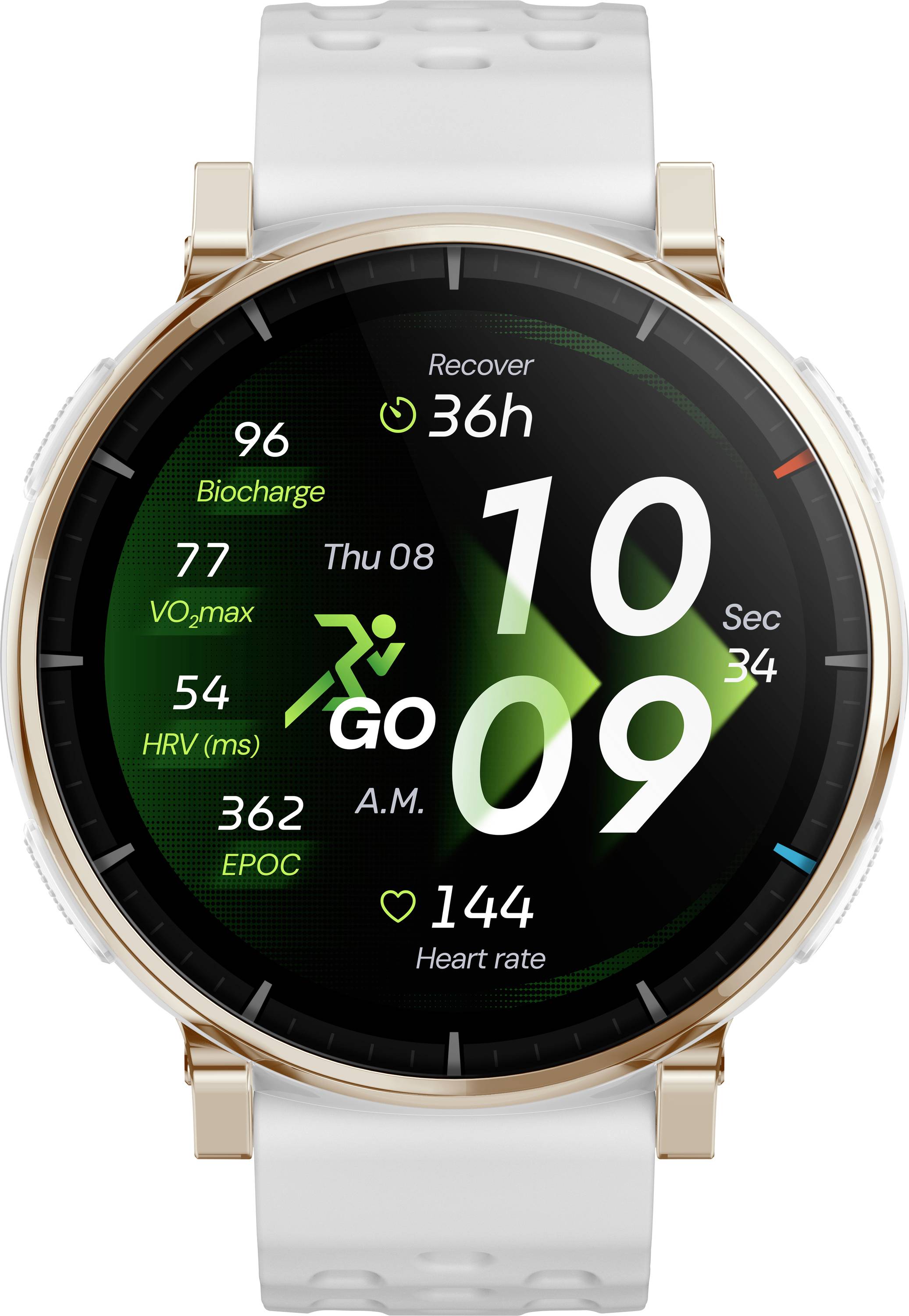 Smartwatch-Anzeige, die die Uhrzeit 10:09 Uhr morgens anzeigt, mit Fitnesstatistiken: Körperakku 96, VO2max 77, HRV 54 ms, EPOC 362, Herzfrequenz 144 und Erholung 36h.