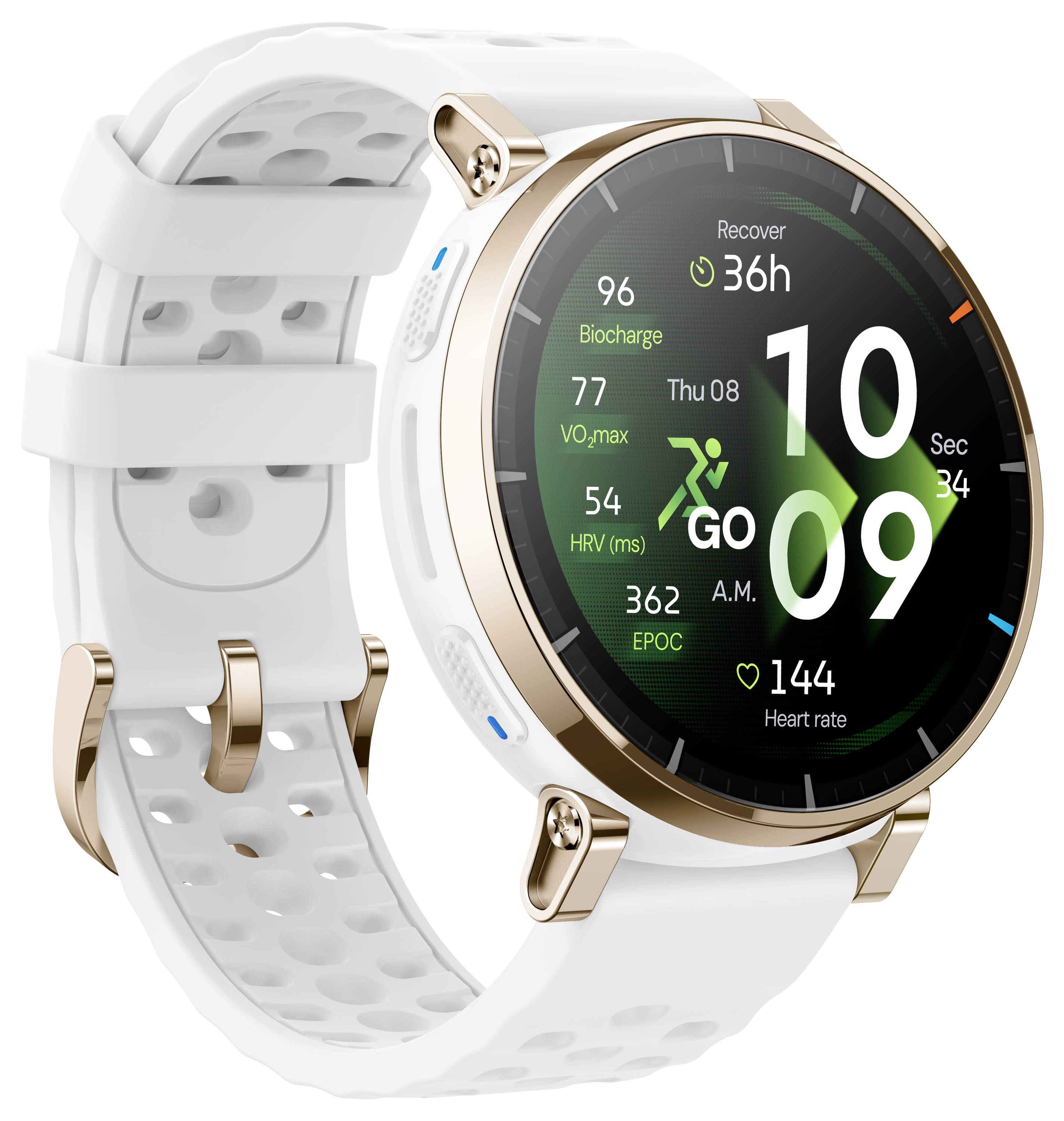 Weiße Smartwatch im Garmin-Stil mit rosegoldenem Lünette und weißem perforiertem Armband, die ein Fitness-Dashboard mit Uhrzeit, Herzfrequenz, Erholung und Trainingsmetriken anzeigt.