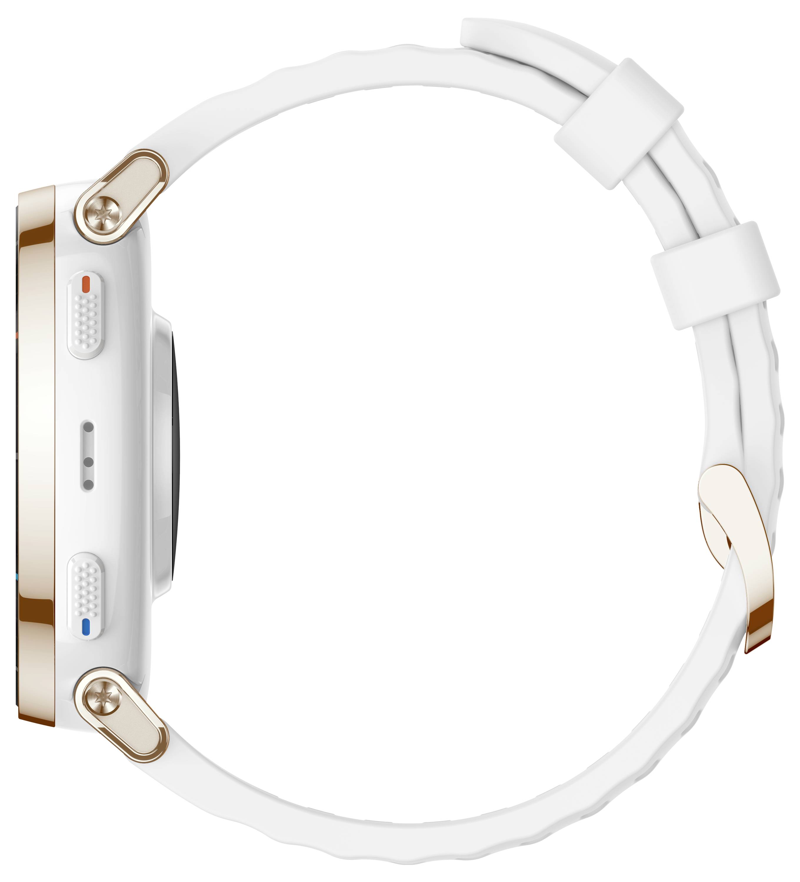 Seitenansicht einer weißen Smartwatch mit rechteckigem Gehäuse und weißem Armband, isoliert auf weißem Hintergrund dargestellt.