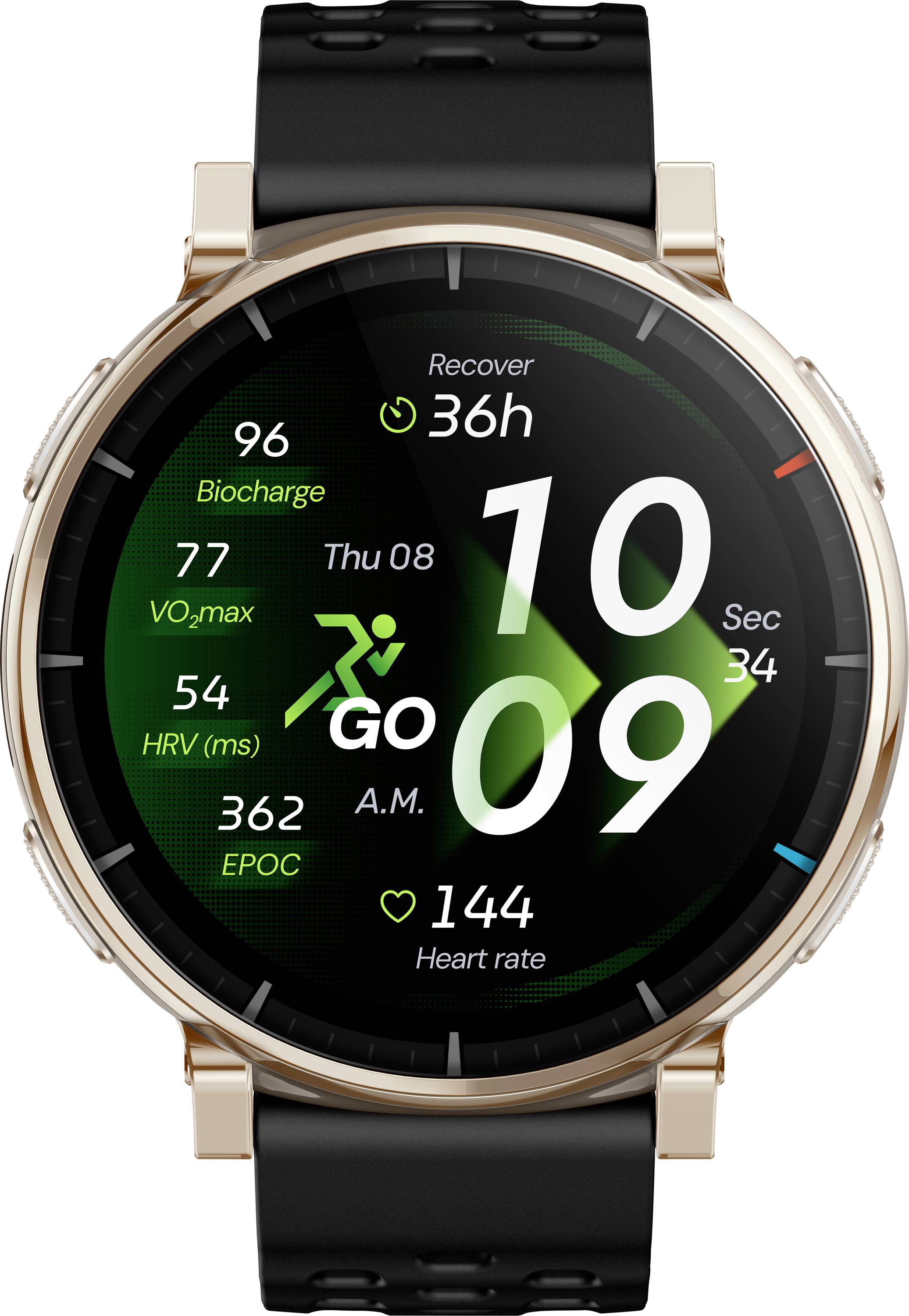 Garmin-ähnliches Smartwatch-Display zeigt 10:09 Uhr, Do 08, mit Erholung 36h, Biocharge 96, VO2max 77, HRV 54 ms, EPOC 362 und Herzfrequenz 144.